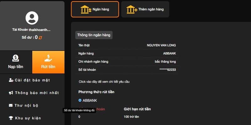 Thêm tài khoản ngân hàng trước khi tiến hành rút tiền